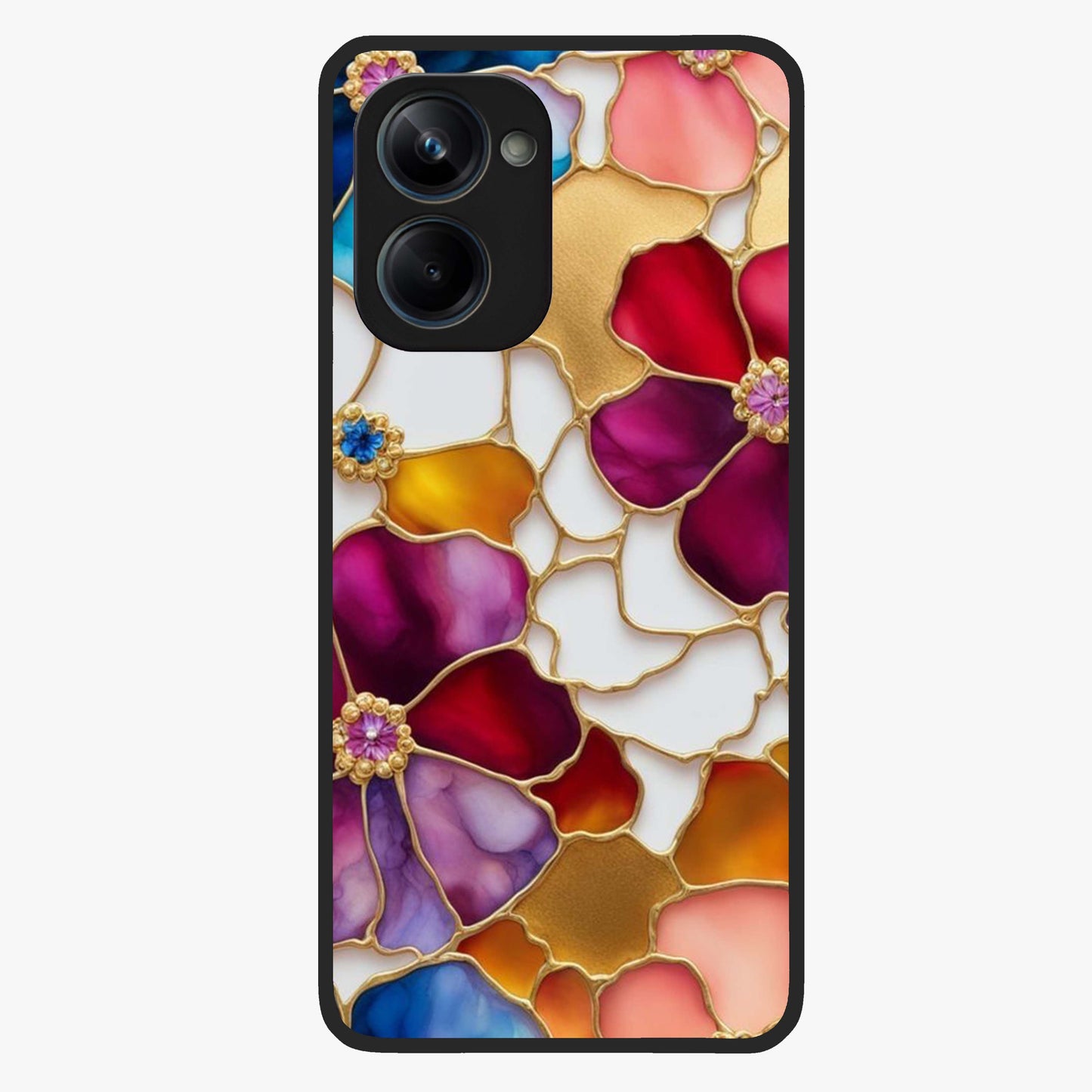 Marble Flower Pattern Glass Case showing flat back view with marble texture floral artwork and glossy glass finish.