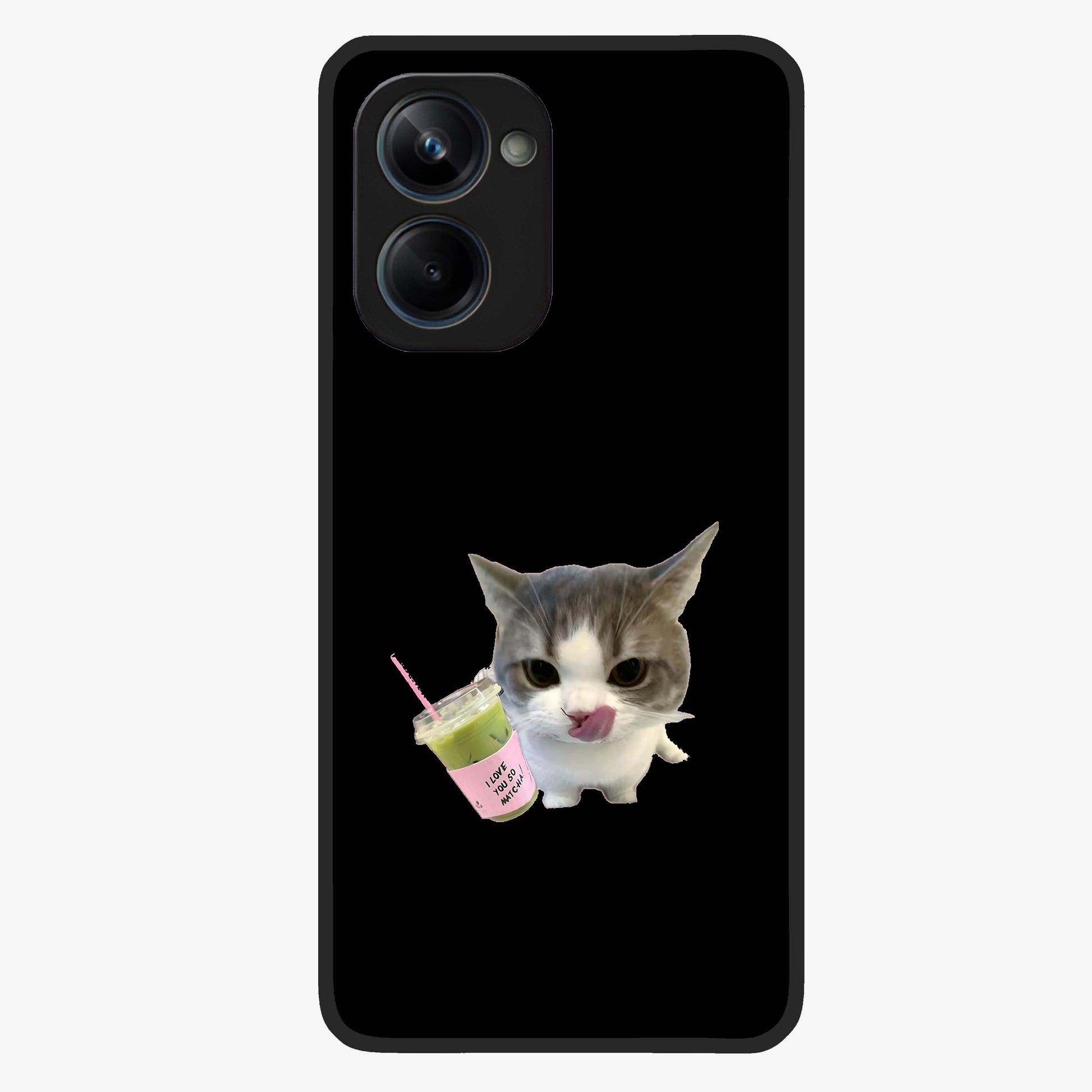 Matcha Cat Style Glass Case showing flat back view with cute matcha themed cat artwork and glossy glass finish.