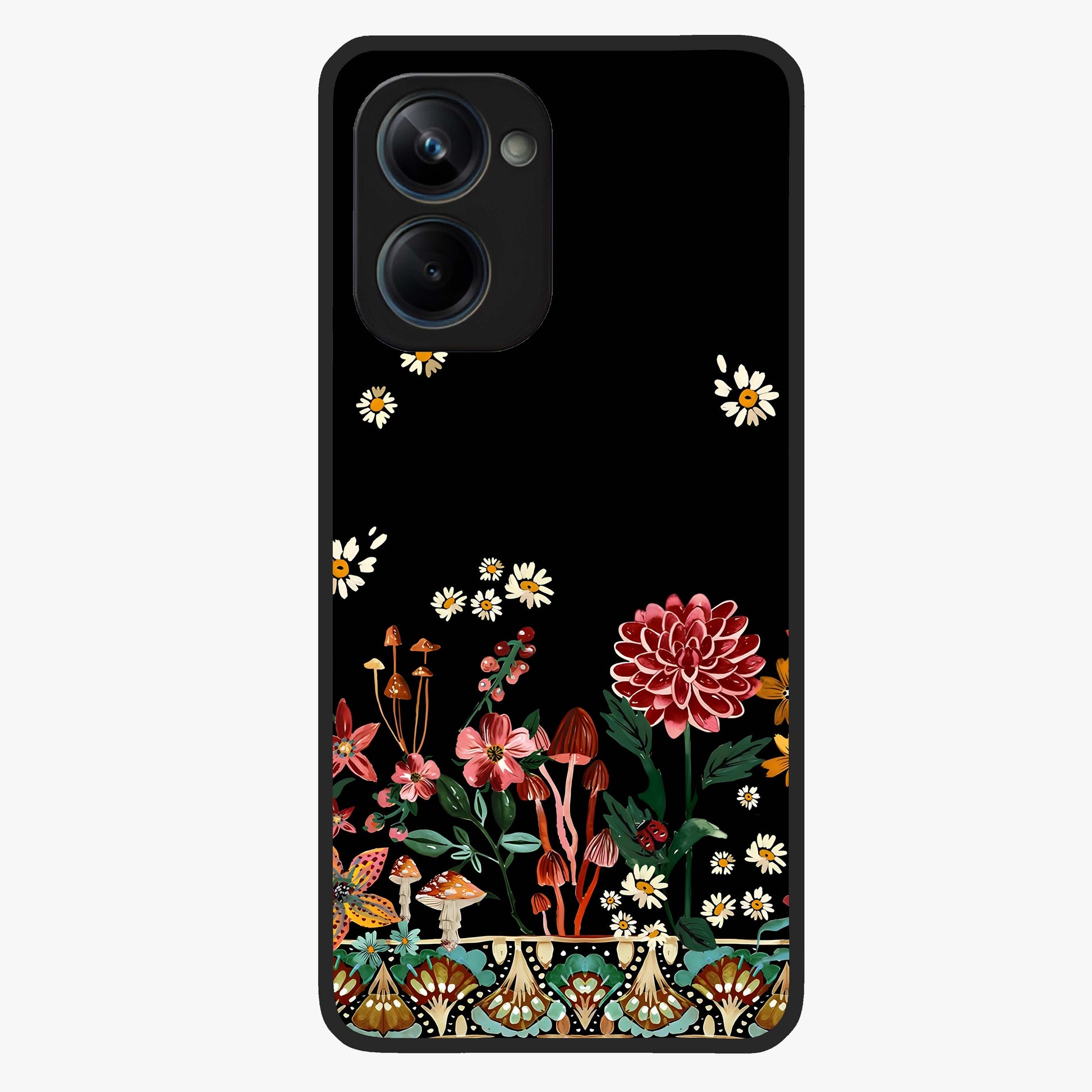 Midnight Bloom Pattern Glass Case showing flat back view with dark floral pattern artwork and glossy glass finish.