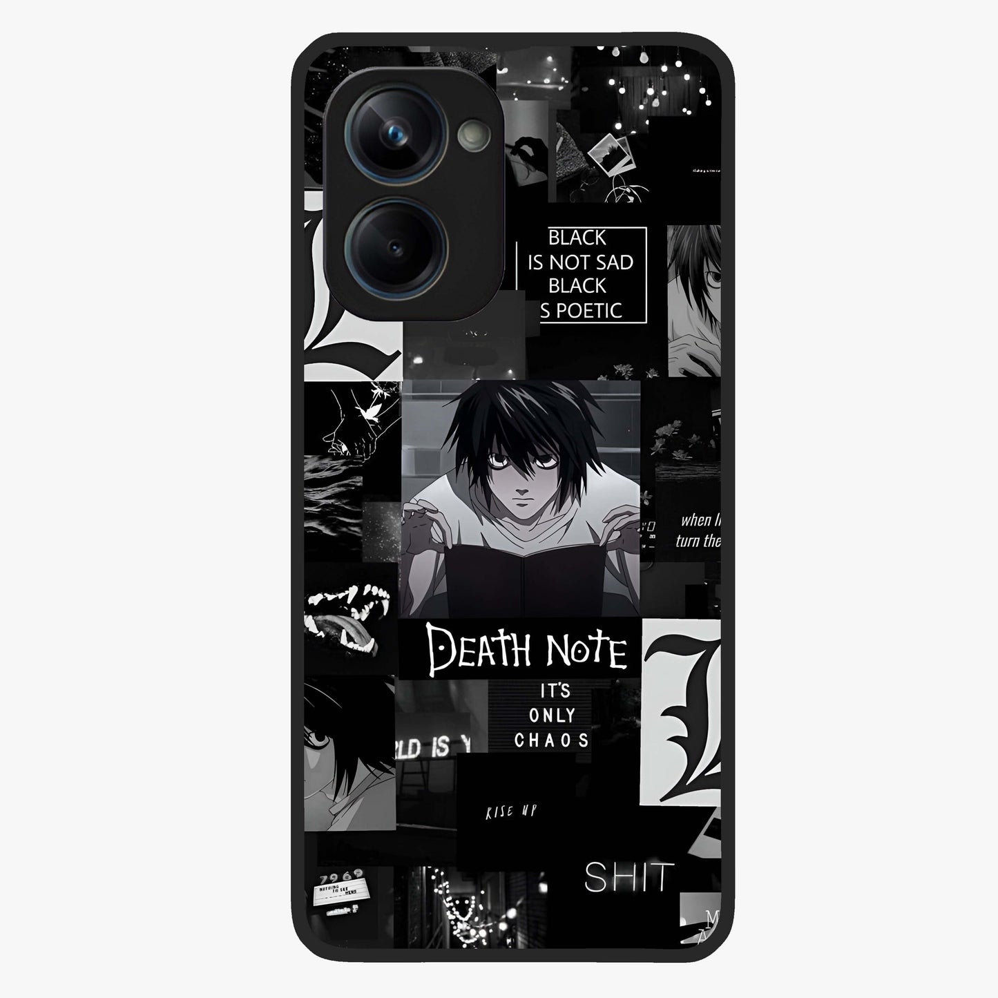 Midnight Chaos Mind Glass Case showing flat back view with abstract dark themed artwork and glossy glass finish.