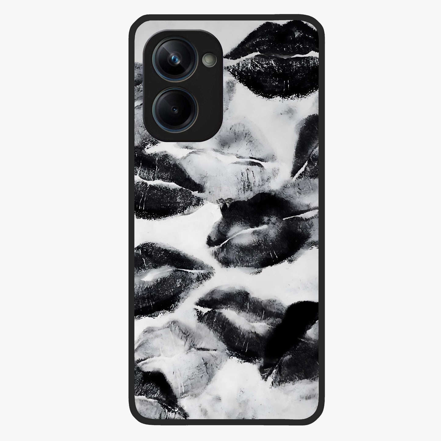 Midnight Kiss Marks Glass Case showing flat back view with lipstick kiss mark artwork and glossy glass finish.