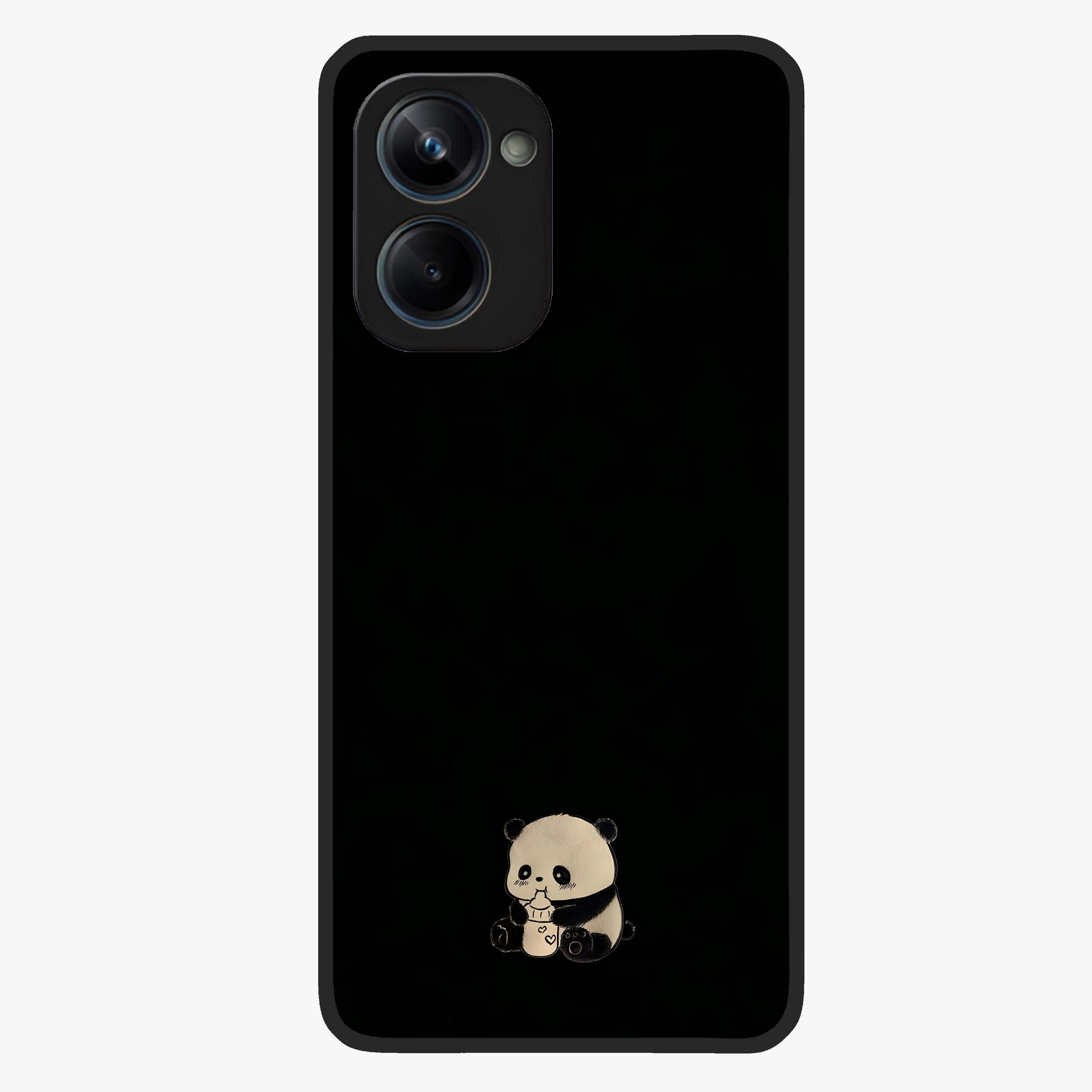 Midnight Panda Love Glass Case showing flat back view with cute panda themed artwork and glossy glass finish.