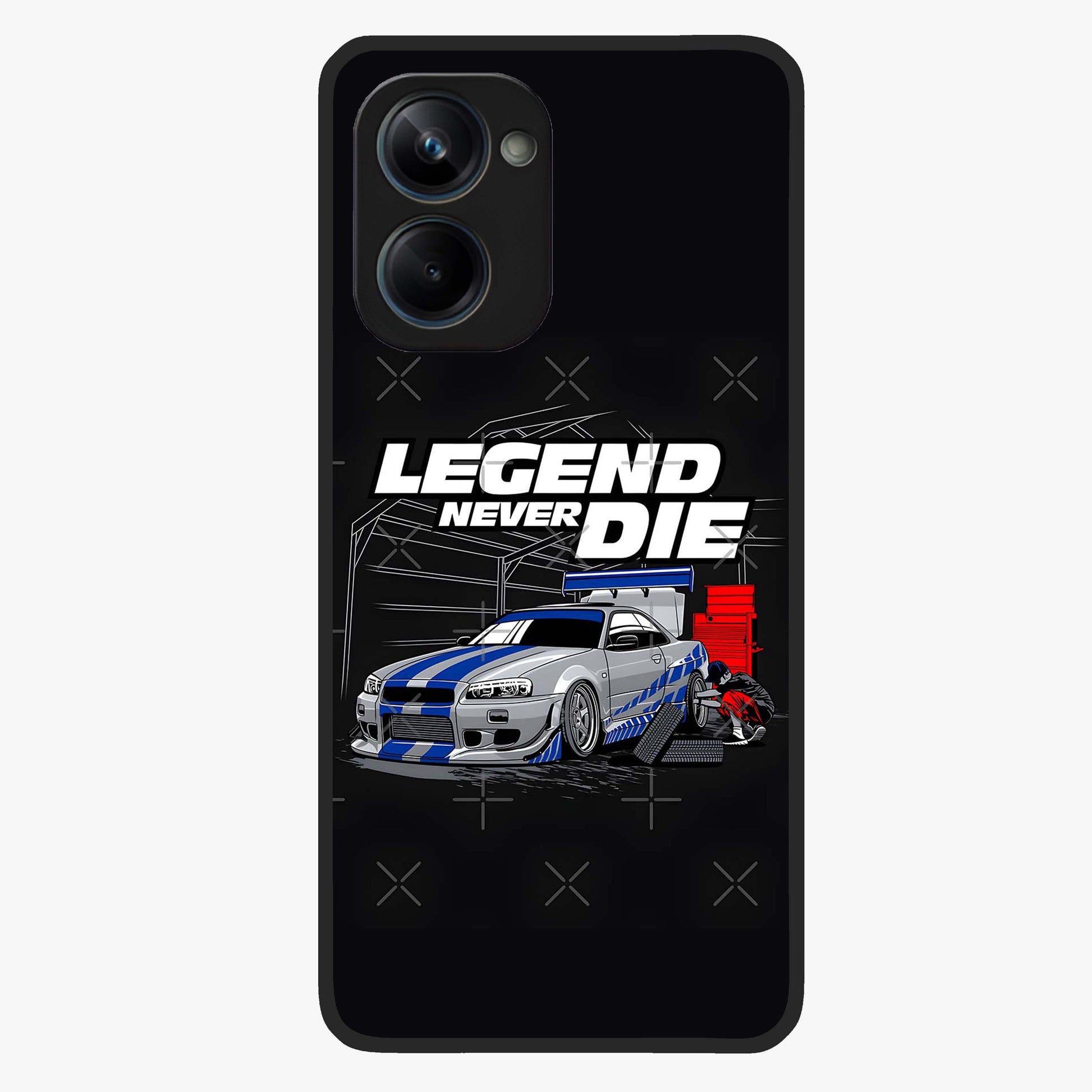 Midnight Racing Legacy Glass Case showing flat back view with sleek racing inspired artwork and glossy glass finish.