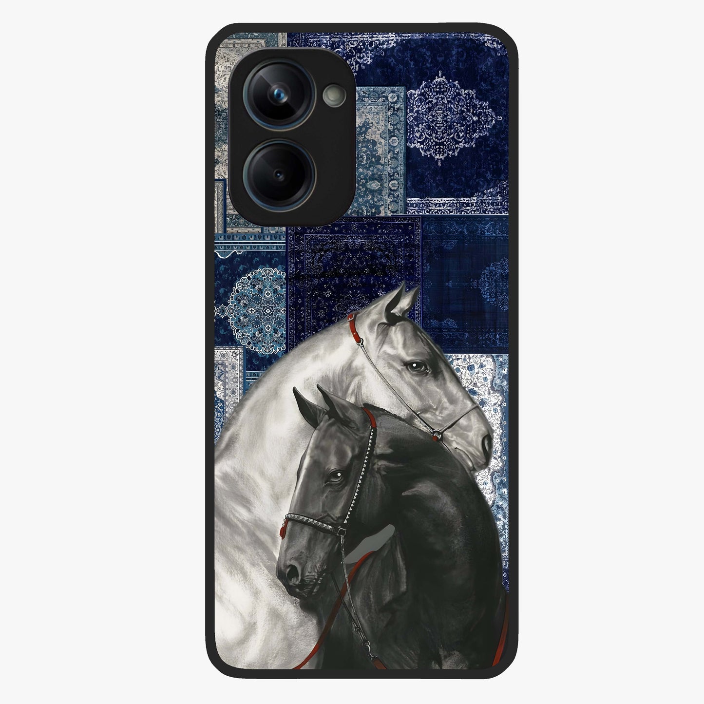 Midnight Stallion Blues Glass Case showing flat back view with majestic horse artwork and glossy glass finish.