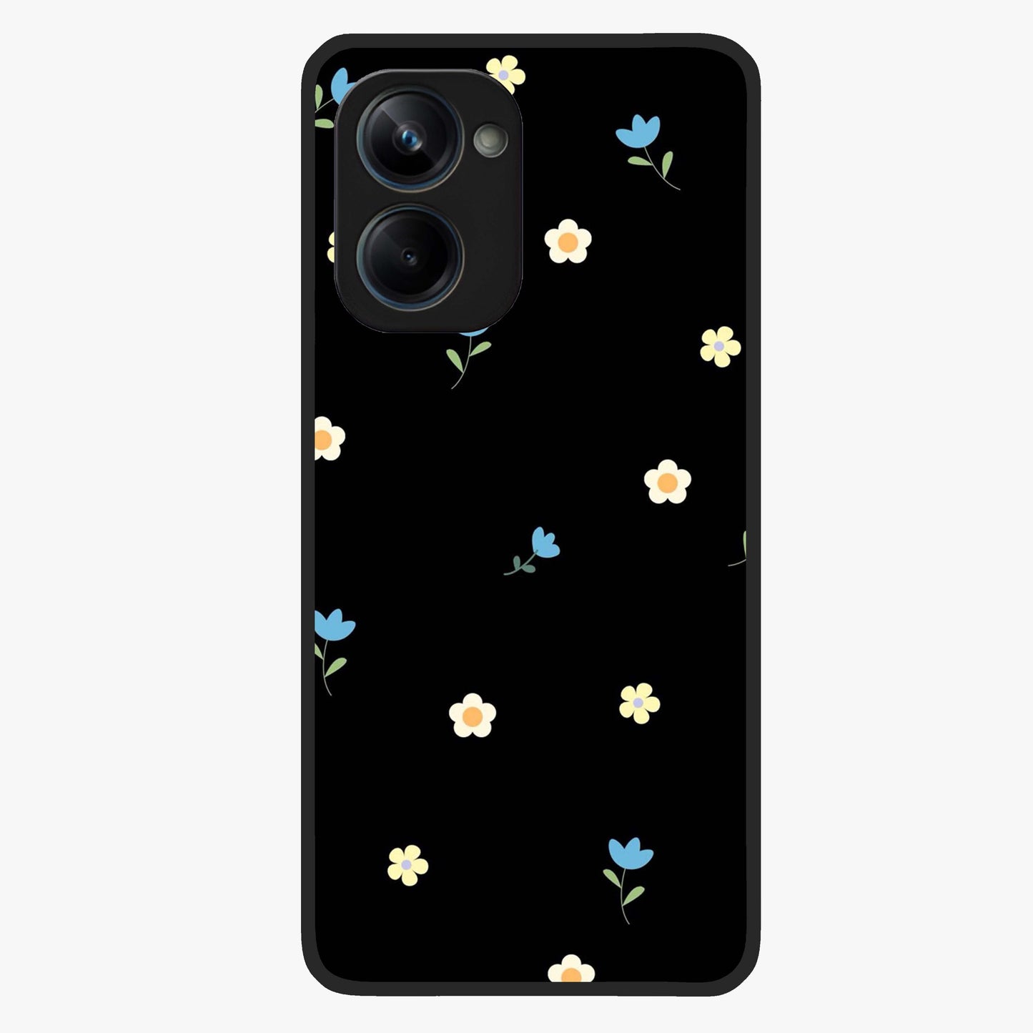 Minimalistic Blue With White Flower Pattern Glass Case showing flat back view with blue background and white flower pattern and glossy glass finish.