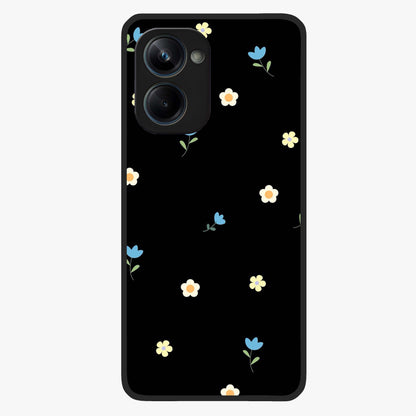 Minimalistic Blue With White Flower Pattern Glass Case showing flat back view with blue background and white flower pattern and glossy glass finish.