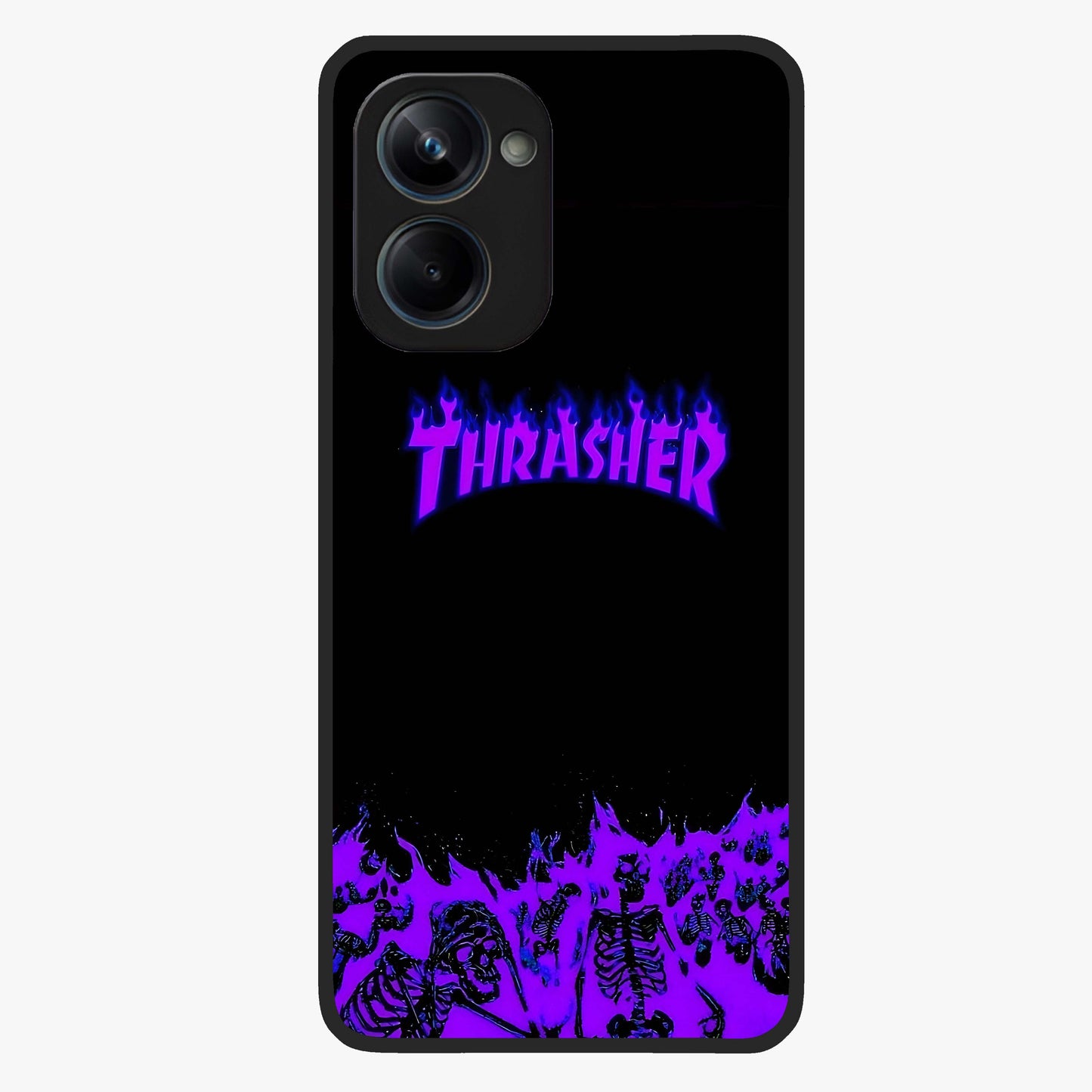 Neon Flame Riot Glass Case showing flat back view with neon flame artwork and glossy glass finish.
