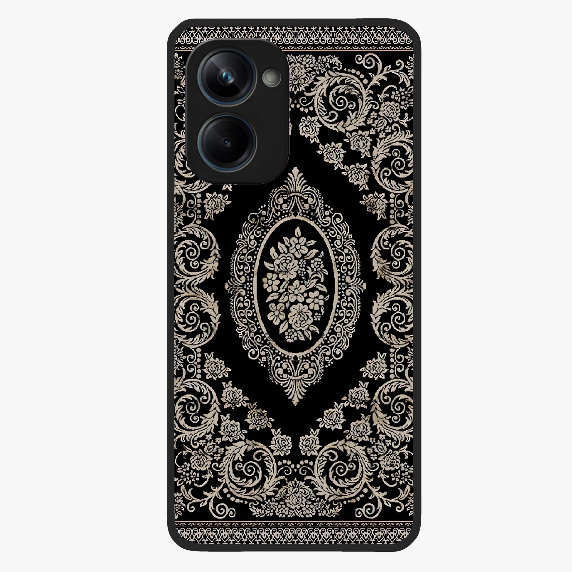 Noir Bloom Elegance Glass Case showing flat back view with elegant dark floral artwork and glossy glass finish.