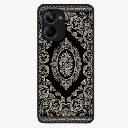 Noir Bloom Elegance Glass Case showing flat back view with elegant dark floral artwork and glossy glass finish.
