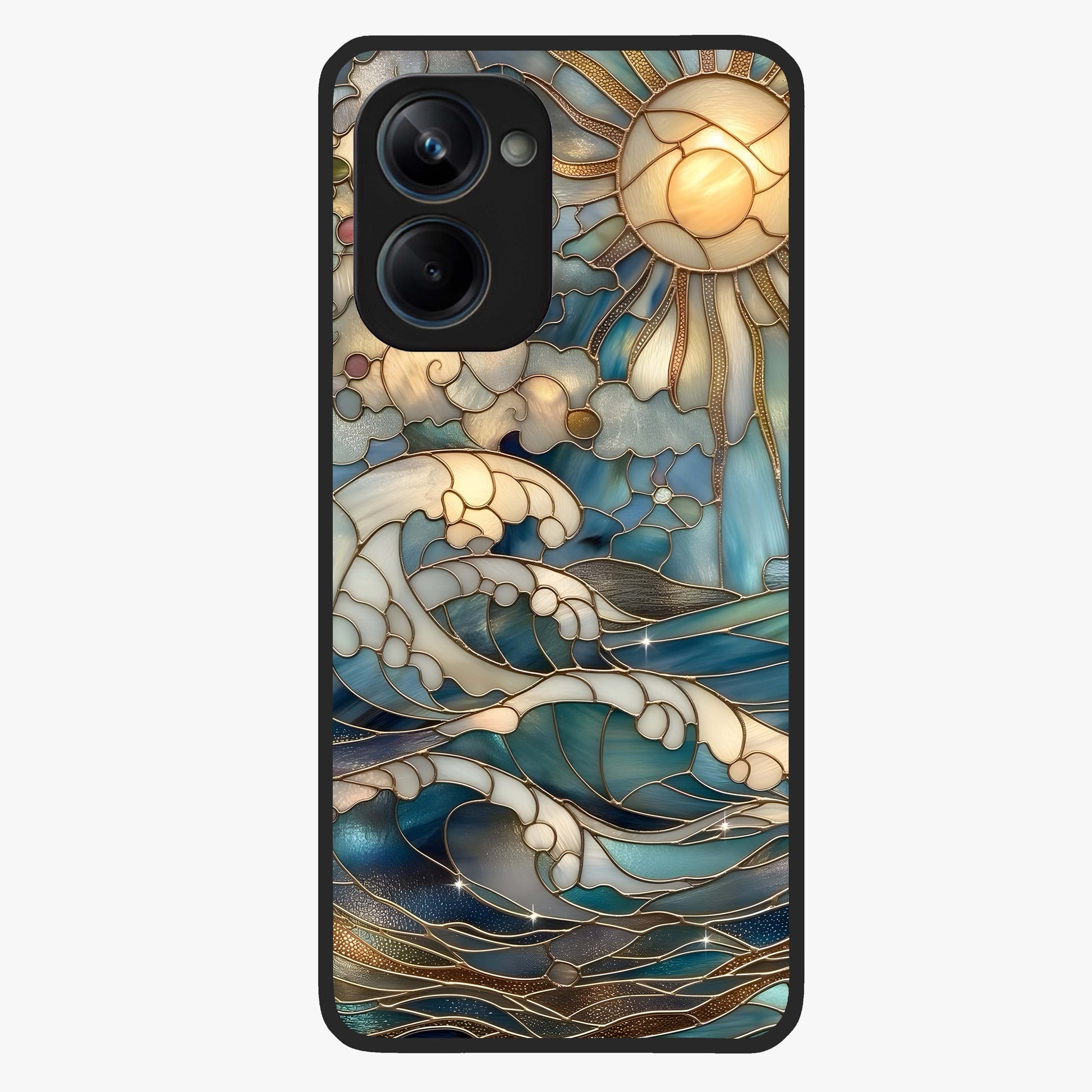 Oceanic Stained Printed Glass Case showing flat back view with ocean inspired stained pattern artwork and glossy glass finish.