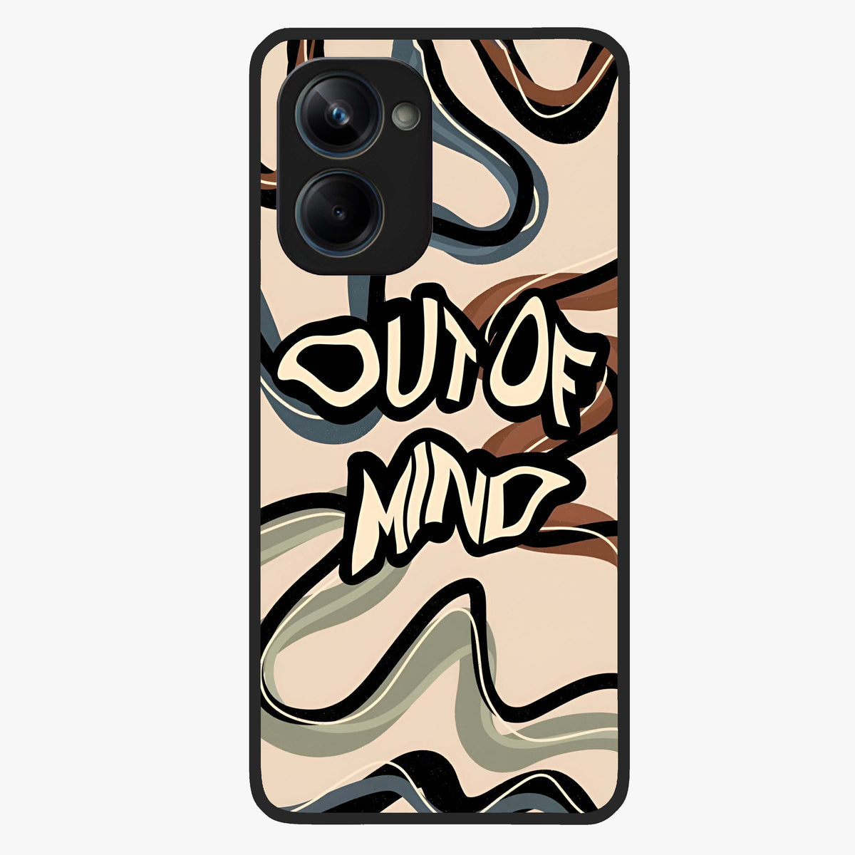 Out Of Mind Glass Case showing flat back view with expressive typography artwork and glossy glass finish.