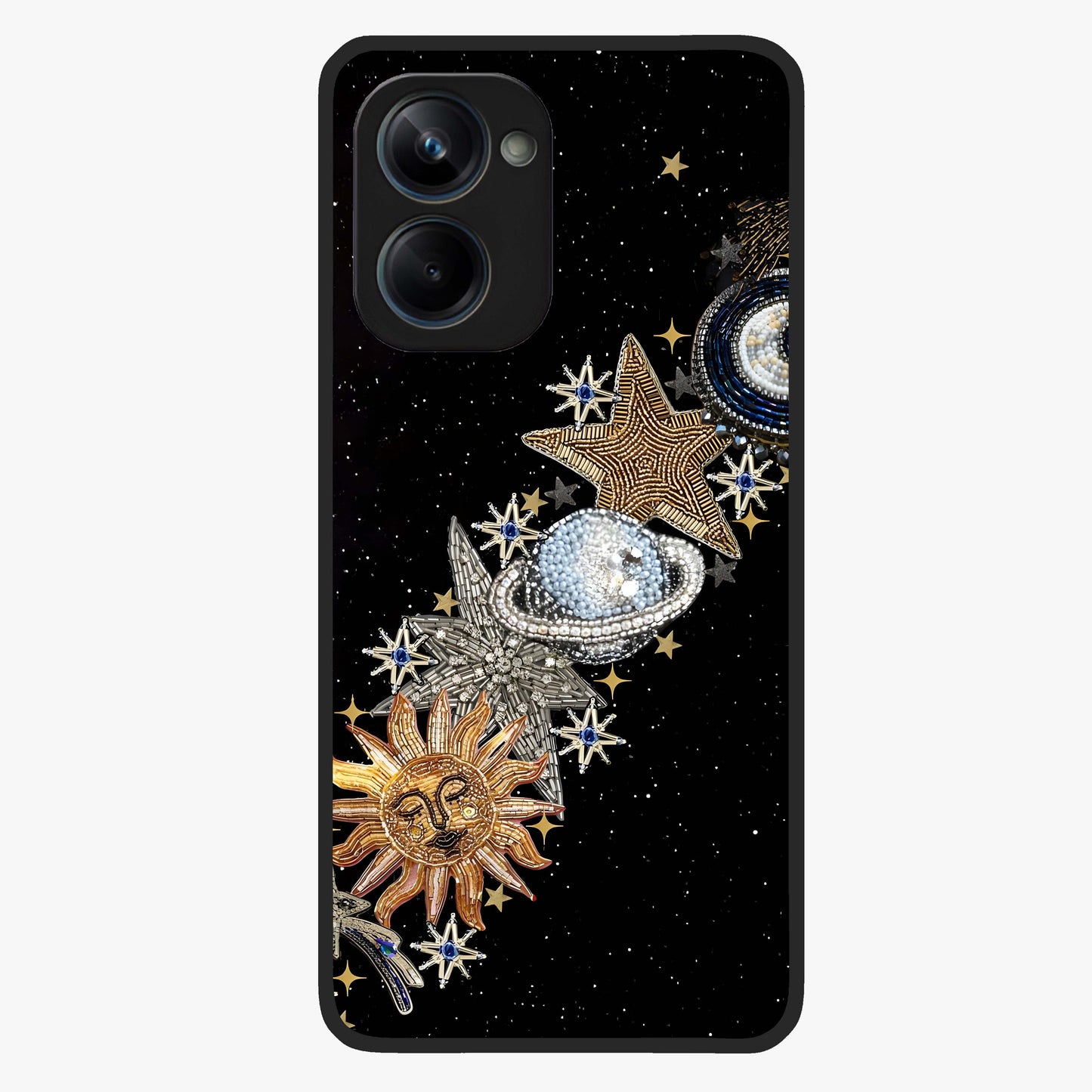 Pearls Universe Object Glass Case showing flat back view with pearl inspired cosmic artwork and glossy glass finish.