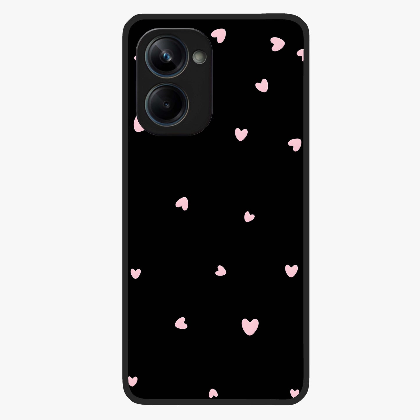Pink Love Drops Glass Case showing flat back view with playful pink heart drops artwork and glossy glass finish.