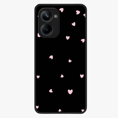 Pink Love Drops Glass Case showing flat back view with playful pink heart drops artwork and glossy glass finish.