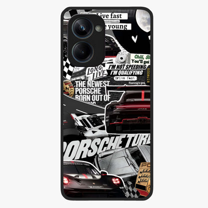Porsche Racing Collage Glass Case showing flat back view with sports car racing collage artwork and glossy glass finish.