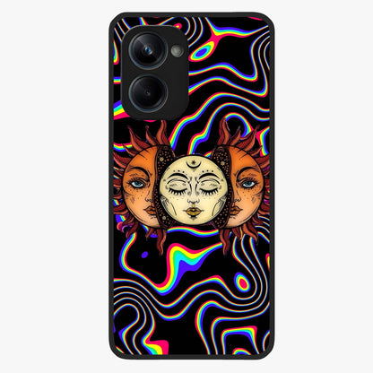 Psychedelic Sun Glass Case showing flat back view with colorful psychedelic sun artwork and glossy glass finish.