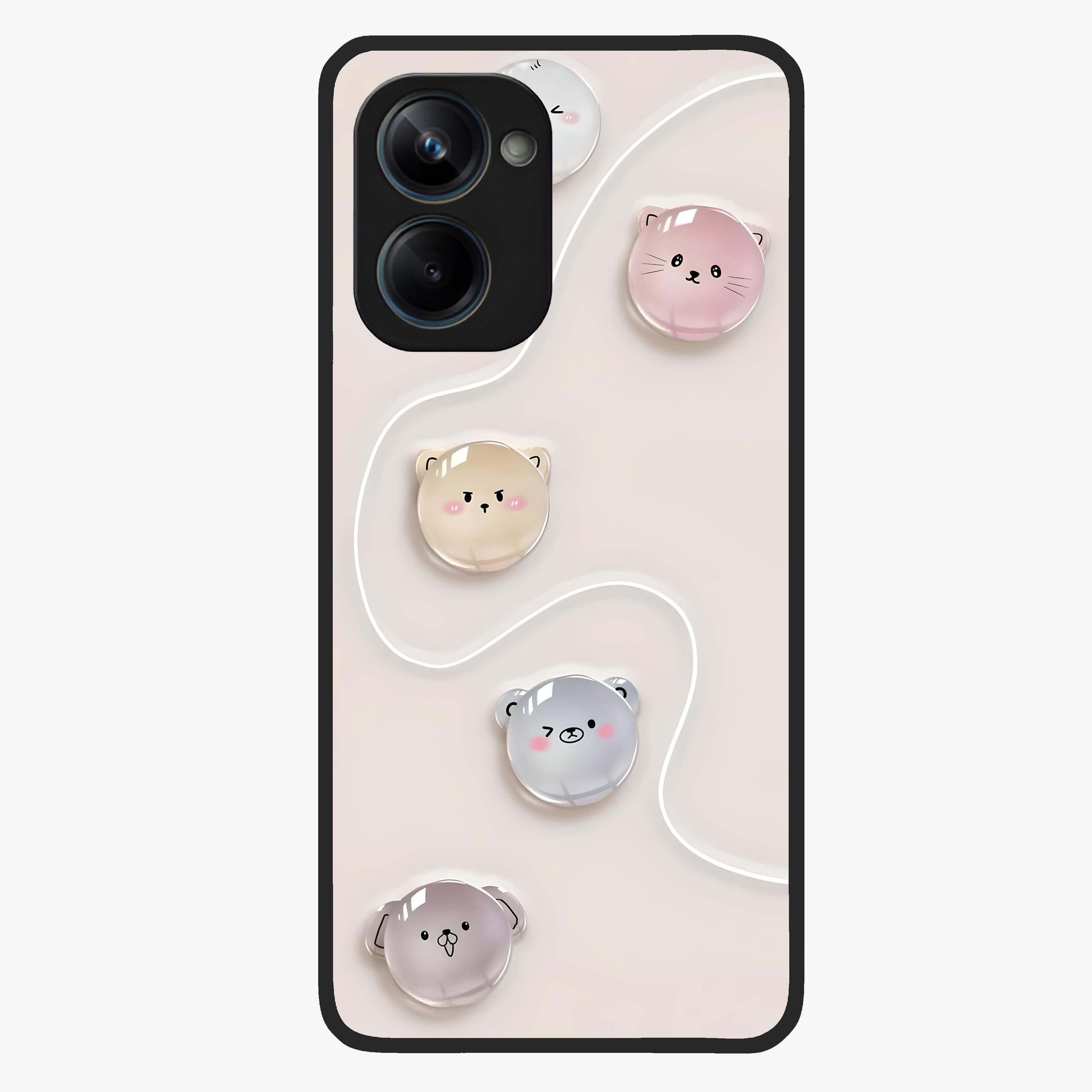 Puffy Face Parade Glass Case showing flat back view with cute puffy character faces artwork and glossy glass finish.