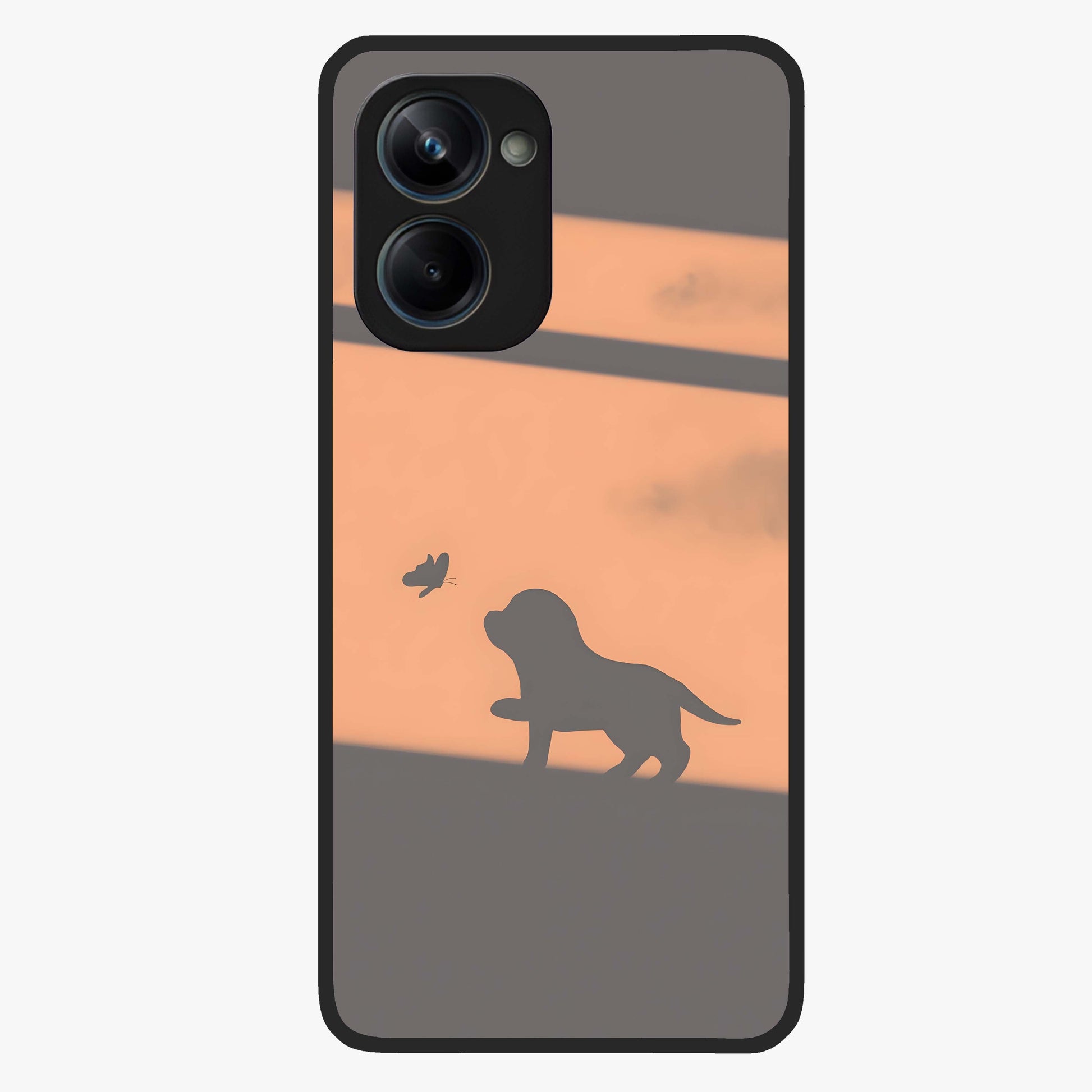 Puppy Shadow Art Glass Case showing flat back view with cute puppy shadow style artwork and glossy glass finish.