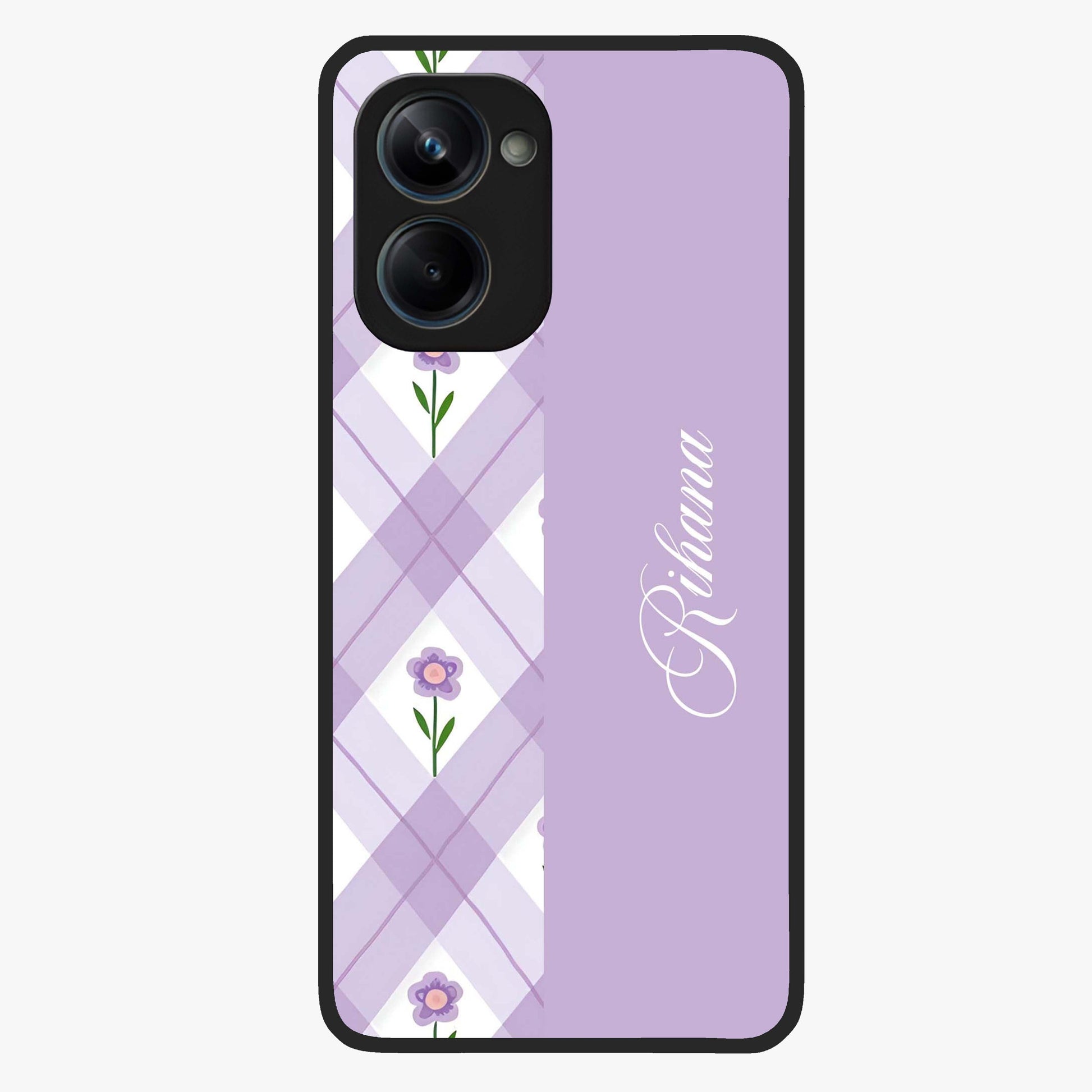Purple Diamond Floral Glass Case showing flat back view with diamond shaped floral artwork and glossy glass finish.