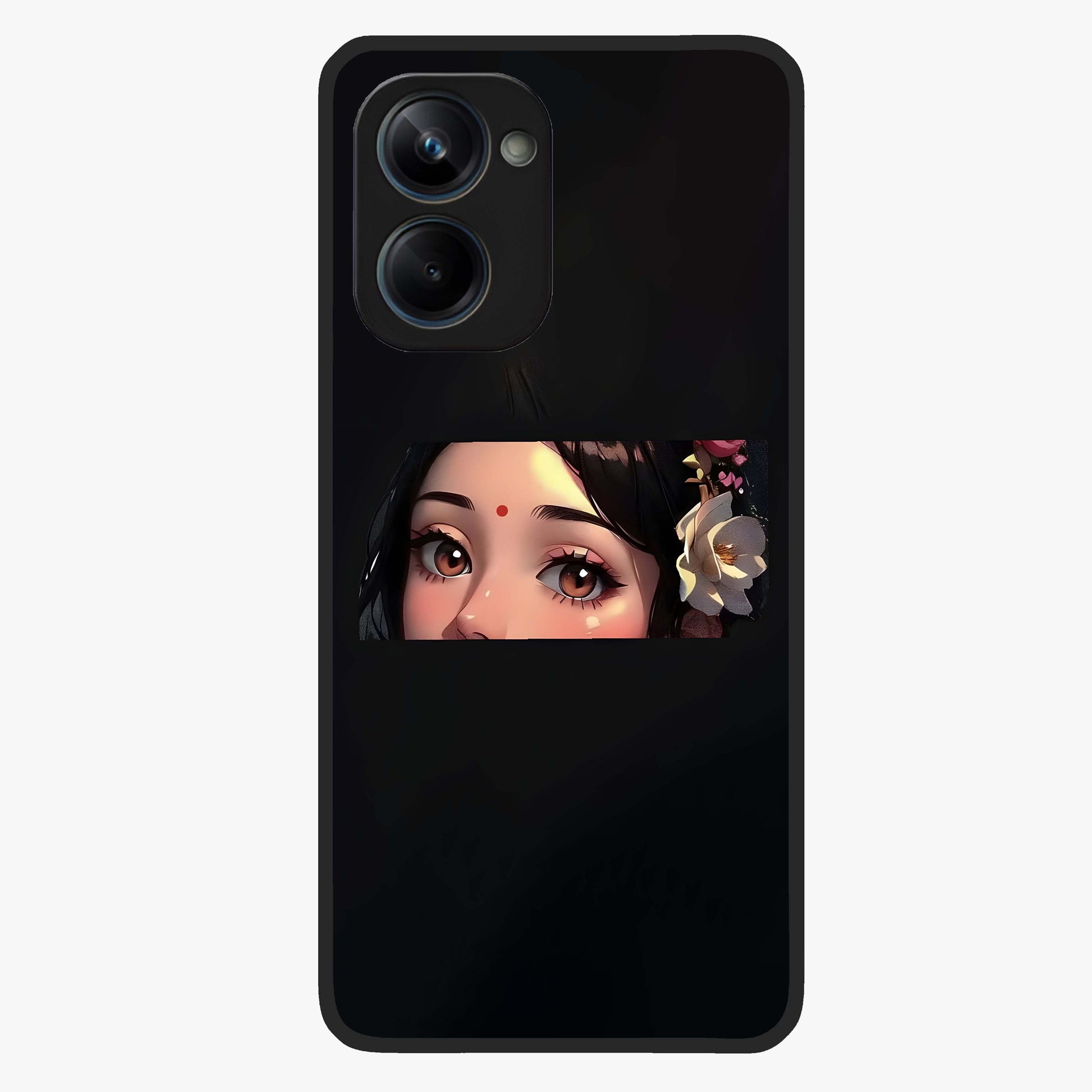 Radha Divine Embrace Glass Case showing flat back view with devotional Radha artwork and glossy glass finish.