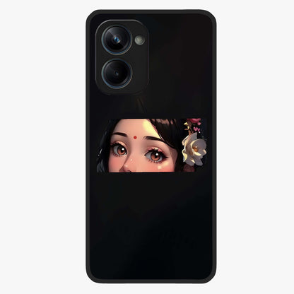 Radha Divine Embrace Glass Case showing flat back view with devotional Radha artwork and glossy glass finish.