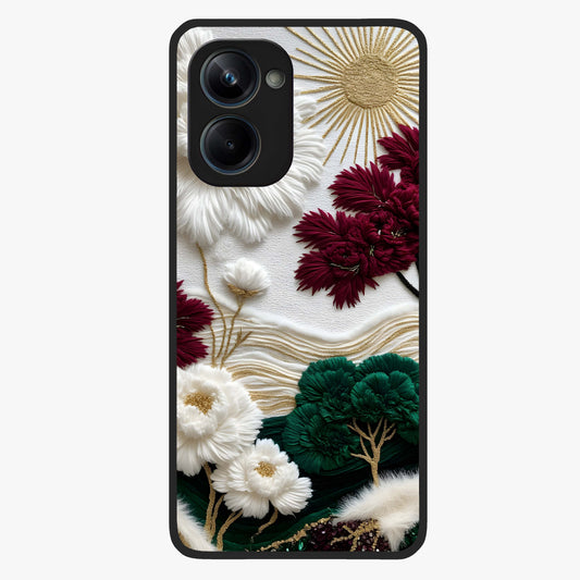 Radiant Bloom Elegance Glass Case showing flat back view with elegant blooming flower artwork and glossy glass finish.
