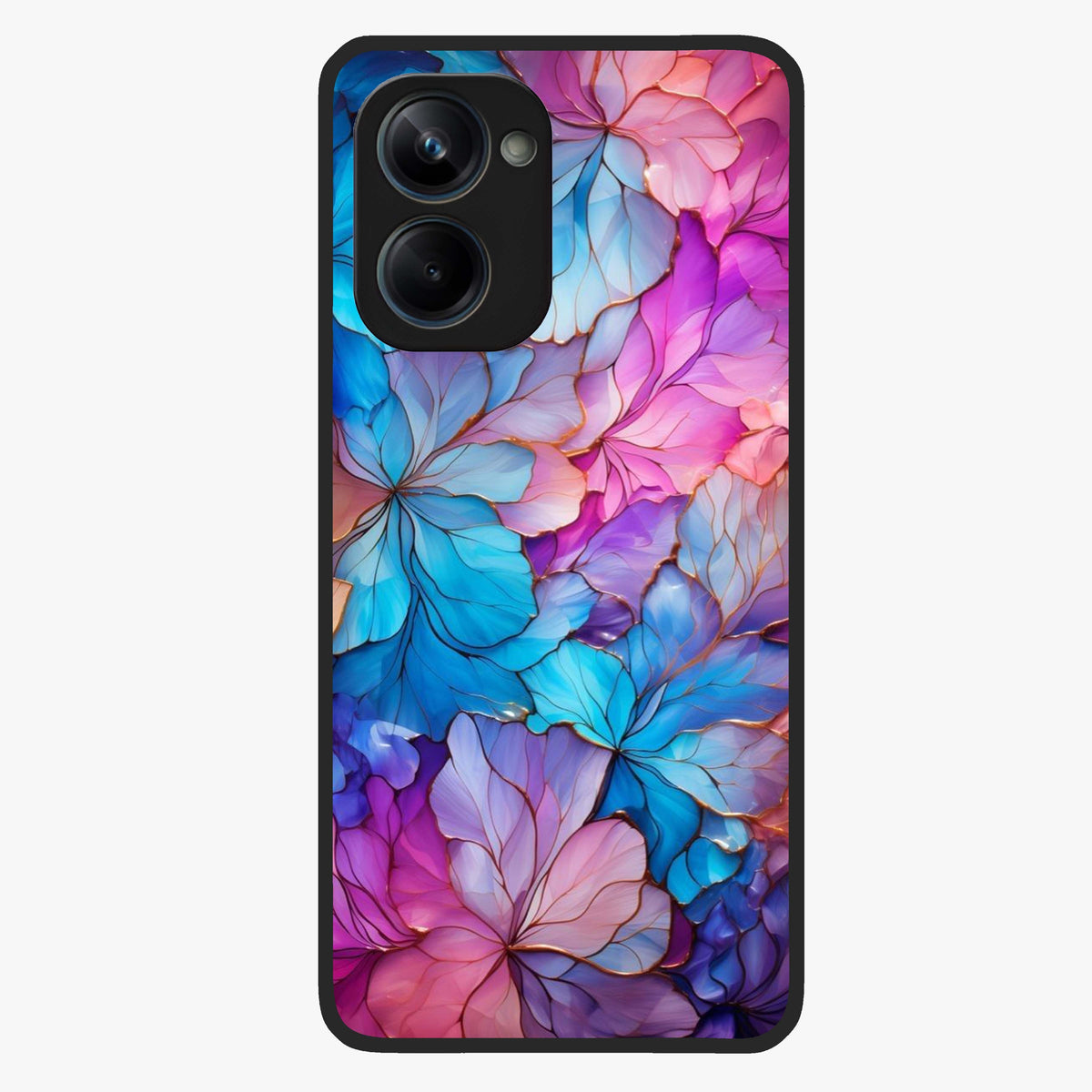 Radiant Floral Whirl Glass Case showing flat back view with swirling floral artwork and glossy glass finish.