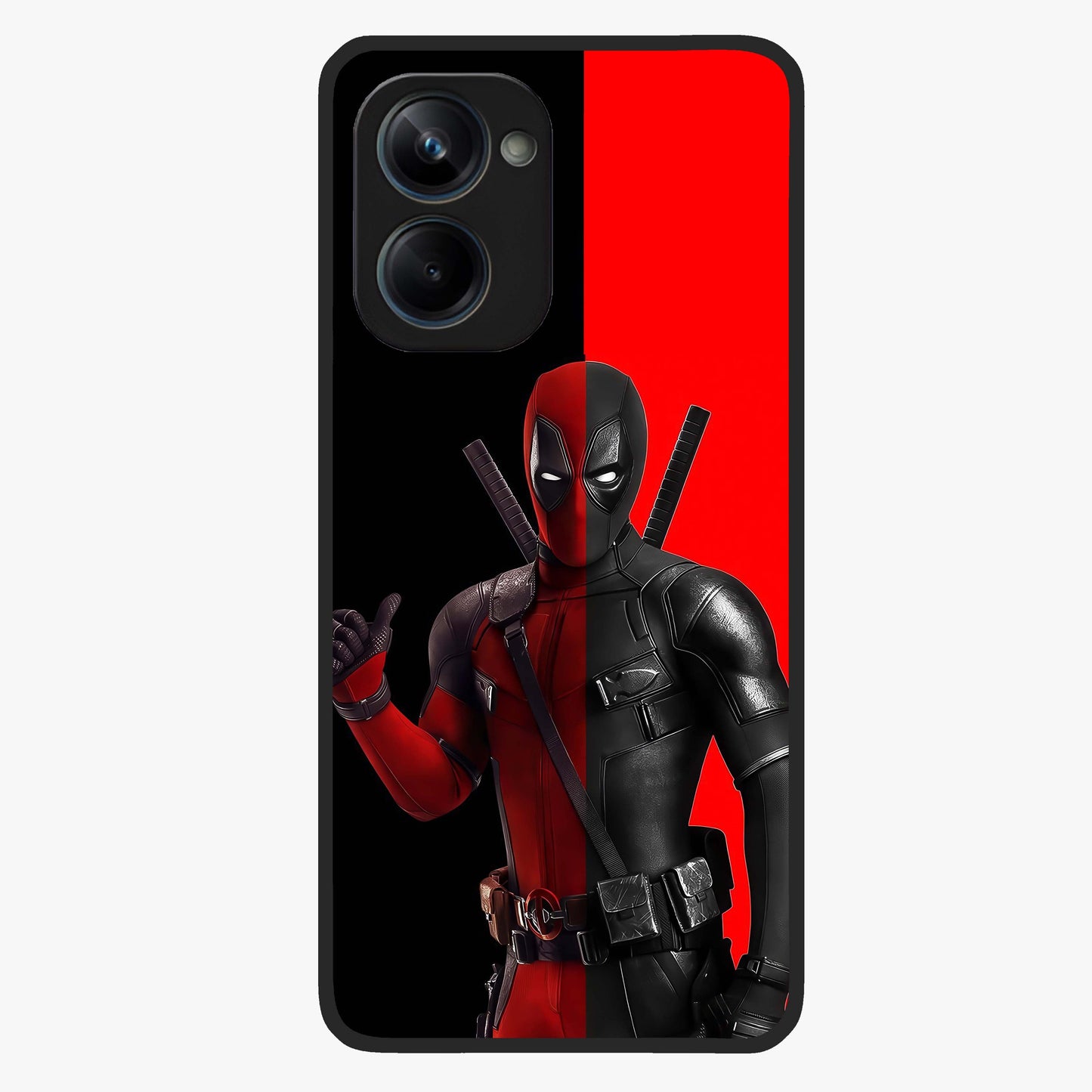 Red & Black Deadpool Theme Glass Case showing flat back view with bold comic inspired artwork and glossy glass finish.
