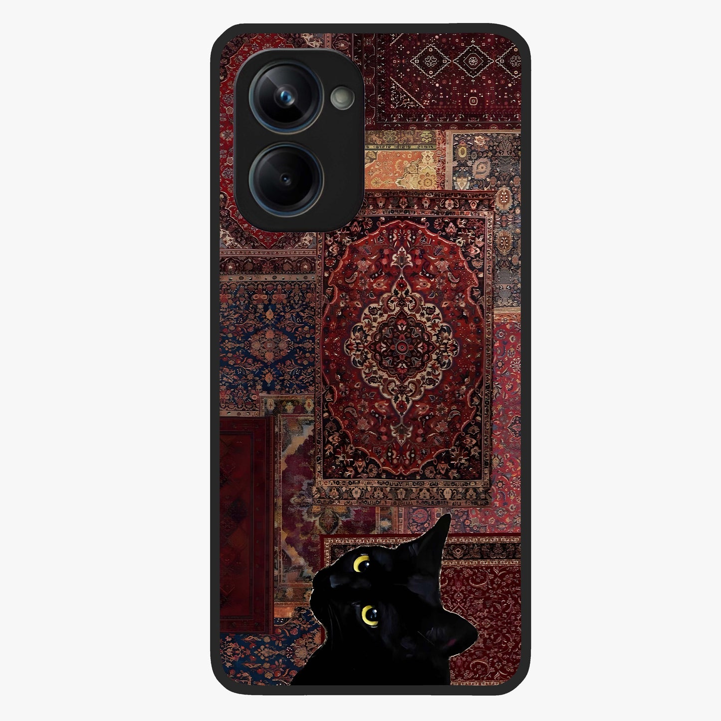 Regal Magic Cat Apple Glass Case showing flat back view with magical cat artwork holding apple and glossy glass finish.