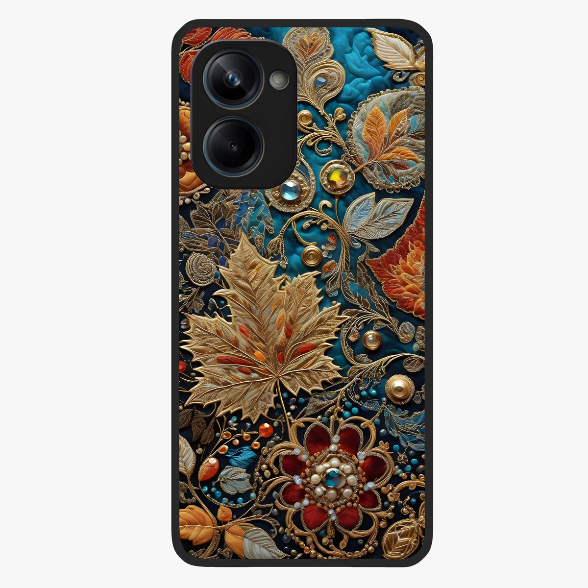 Royal Jewel Garden Glass Case showing flat back view with decorative floral garden artwork and glossy glass finish.