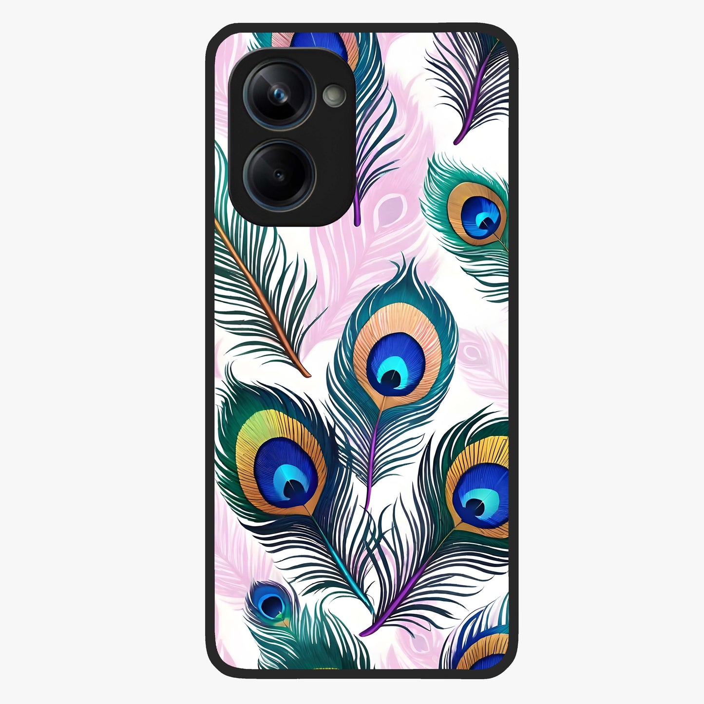 Royal Peacock Feathers Glass Case showing flat back view with colorful peacock feather artwork and glossy glass finish.