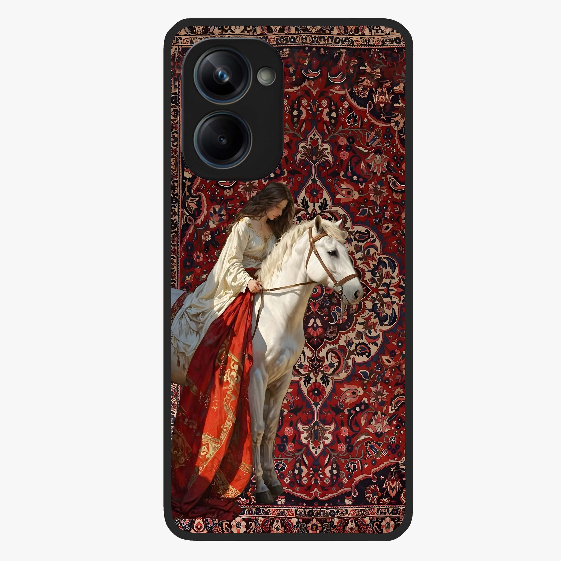 Royal Rider Tapestry Glass Case showing flat back view with majestic horse rider tapestry artwork and glossy glass finish.
