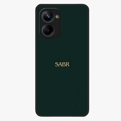Sabr Minimal Patience Glass Case showing flat back view with minimalist typography artwork and glossy glass finish.