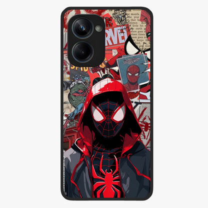 Spider Collage Street Glass Case showing flat back view with vibrant superhero collage artwork and glossy glass finish.