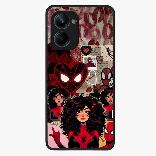 Spider Love Story Glass Case showing flat back view with romantic superhero themed artwork and glossy glass finish.