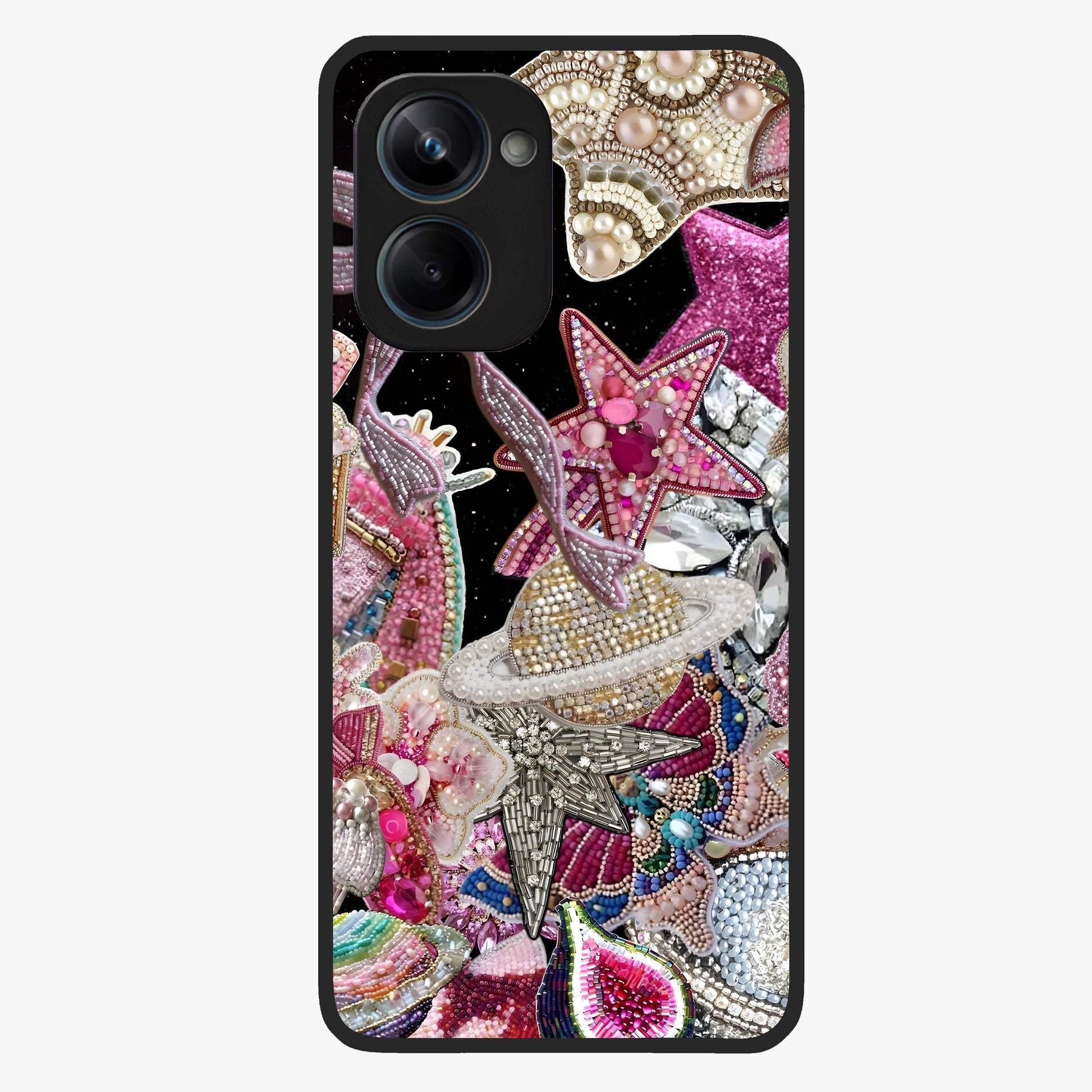 Starlit Jewel Dream Glass Case showing flat back view with sparkling jewel and star themed artwork and glossy glass finish.