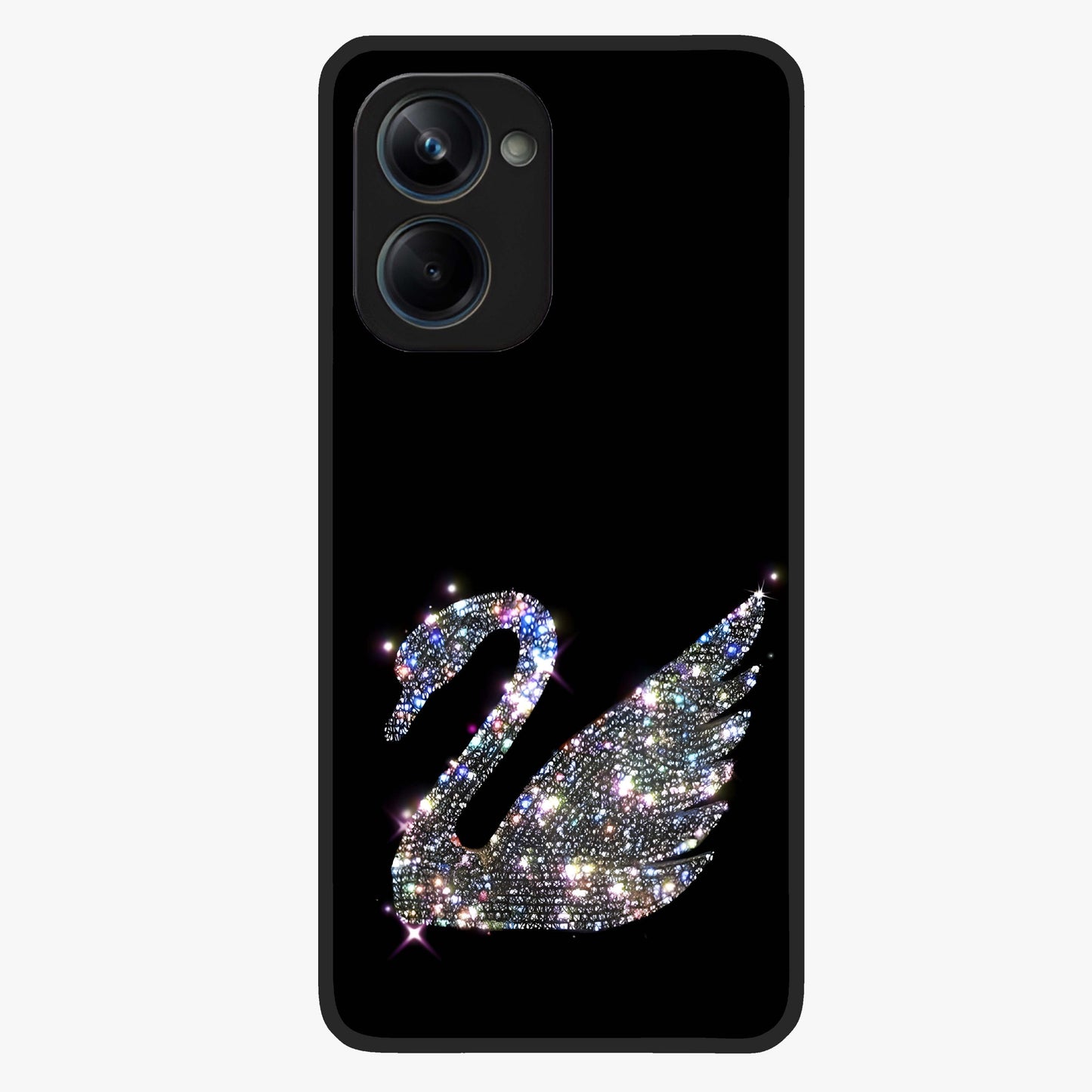 Starlit Swan Grace Glass Case showing flat back view with graceful swan artwork under starry sky and glossy glass finish.