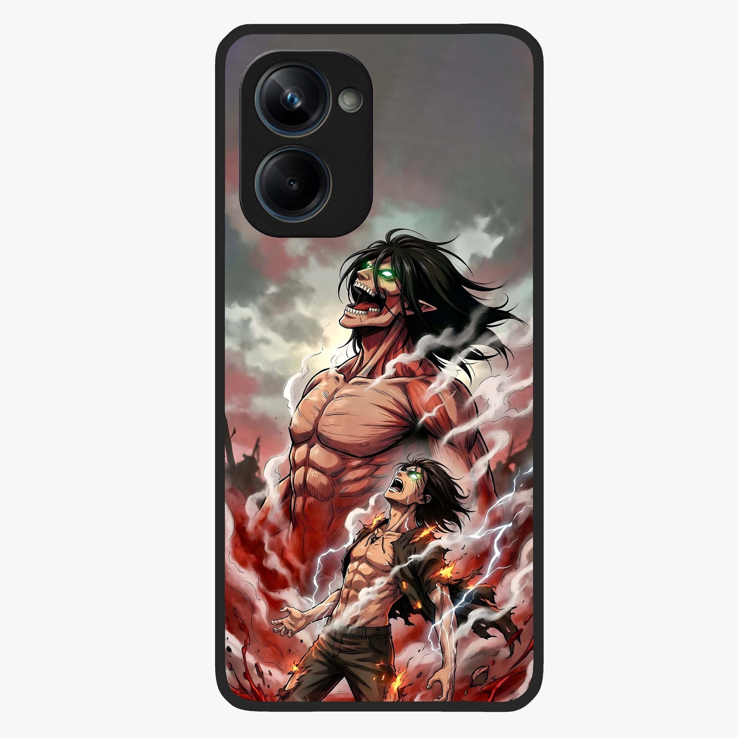 Titan Awakening Fury Glass Case showing flat back view with powerful titan inspired artwork and glossy glass finish.