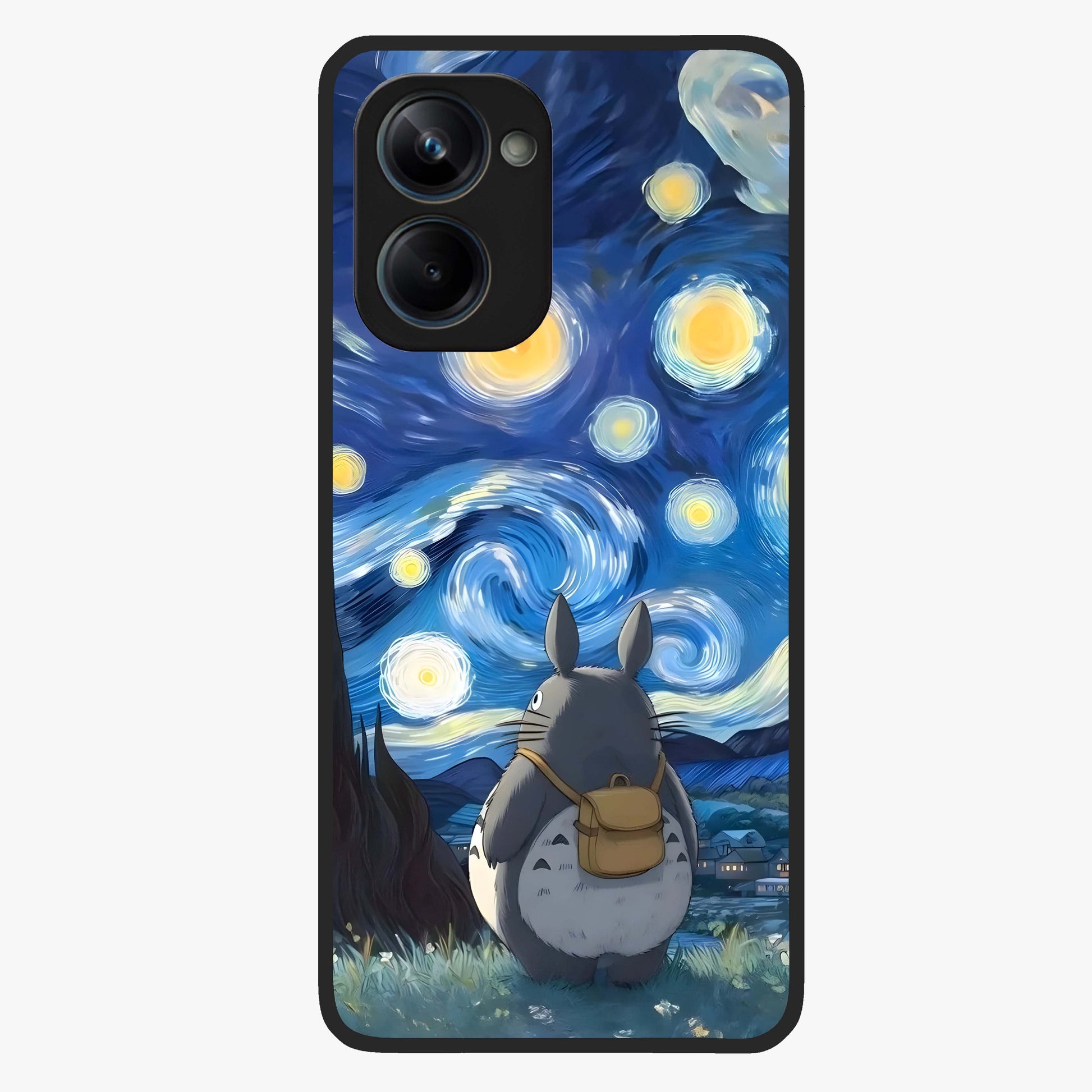 Totoro In Van Gogh Art Glass Case showing flat back view with whimsical character artwork inspired by Van Gogh style and glossy glass finish.