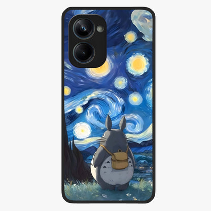 Totoro In Van Gogh Art Glass Case showing flat back view with whimsical character artwork inspired by Van Gogh style and glossy glass finish.