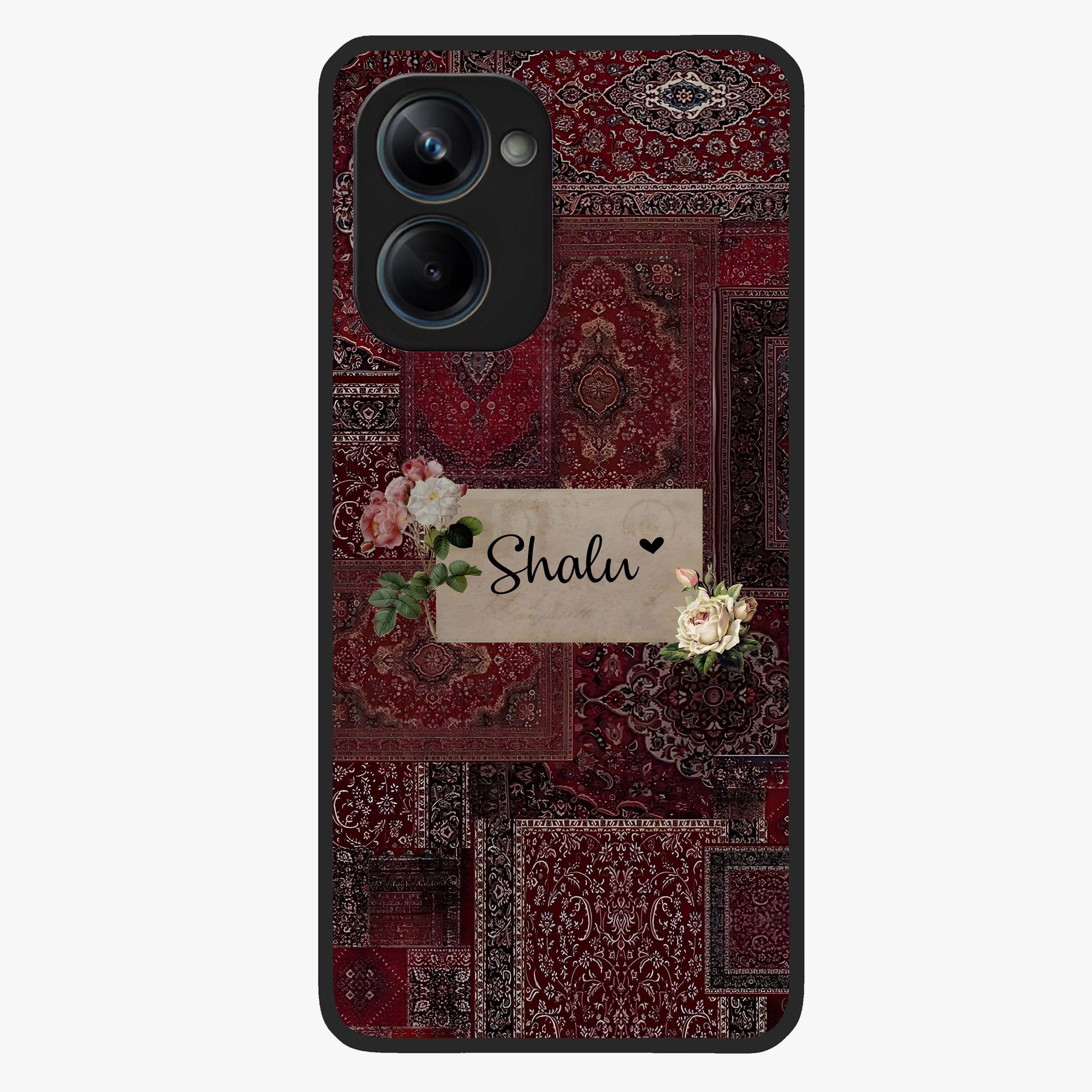 Velvet Wine Pattern Custom Name Glass Case showing flat back view with elegant wine colored pattern artwork and personalized name design.
