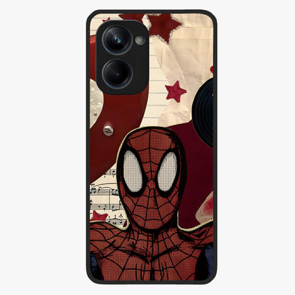 Web Warrior Vibes Glass Case showing flat back view with superhero inspired web themed artwork and glossy glass finish.