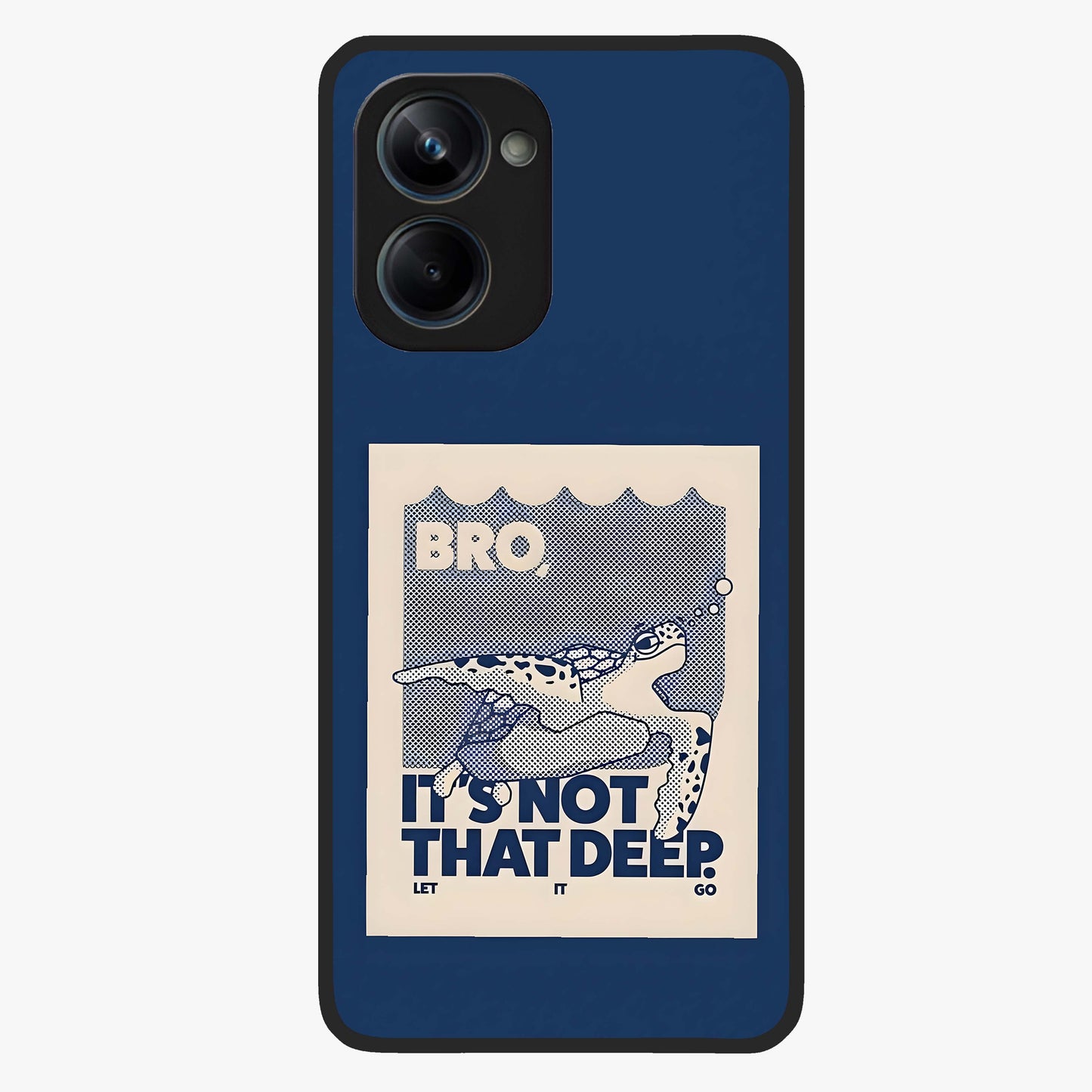 Worry Less Swim Glass Case showing flat back view with playful motivational artwork and glossy glass finish.