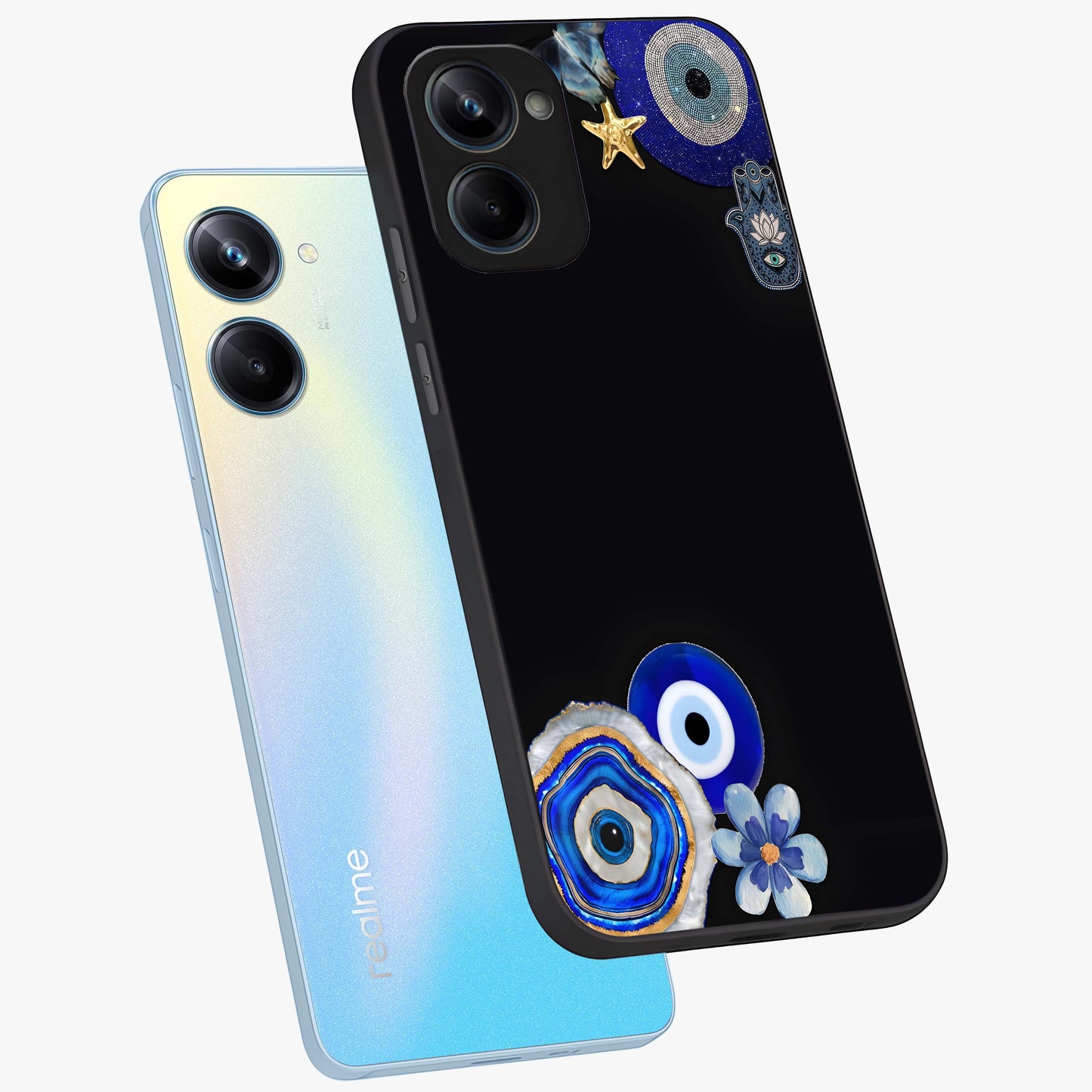 Aesthetic Blue Evil Eye Glass Case displayed in angled mockup highlighting blue evil eye symbol and spiritual aesthetic design.