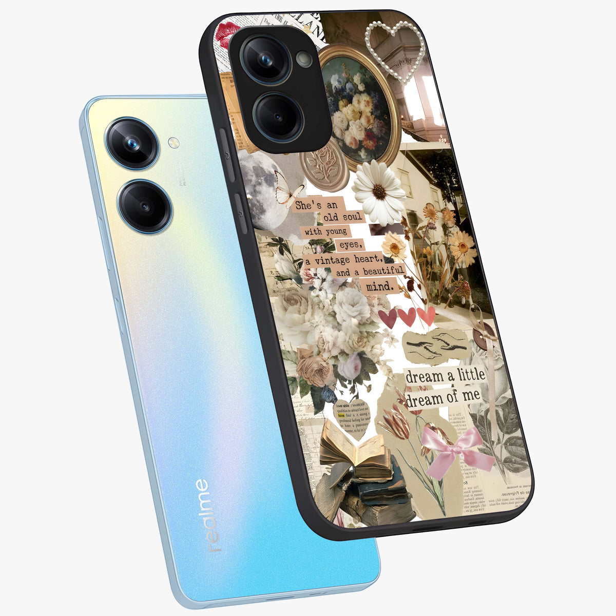 Aesthetic Brown Vintage Collage Glass Case displayed in angled mockup highlighting vintage aesthetic collage design.