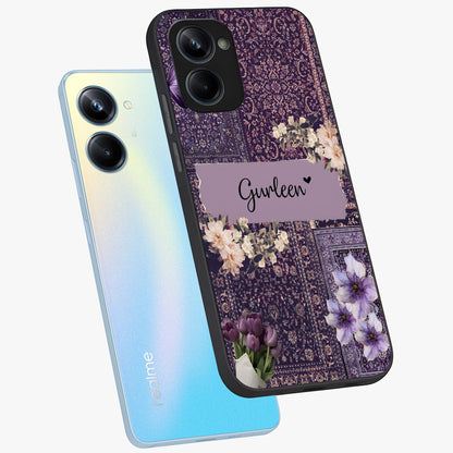 Antique Floral Whisper Custom Name Glass Case displayed in angled mockup highlighting elegant antique floral aesthetic.