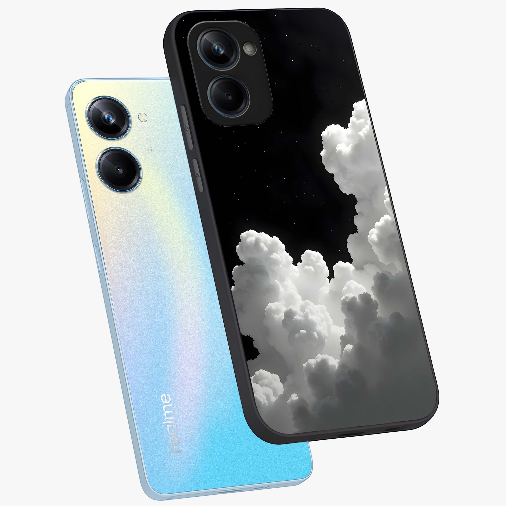 Black Background With White Cloud Glass Case displayed in angled mockup highlighting soft white cloud illustration and minimal design.