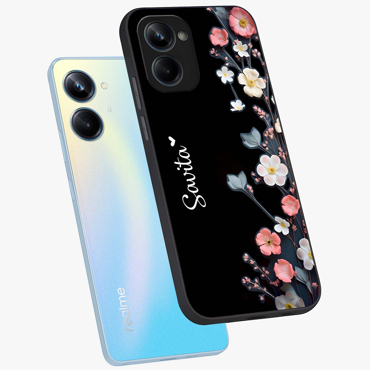 Black Elegance Floral Custom Name Glass Case displayed in angled mockup highlighting dark floral aesthetic and custom name feature.