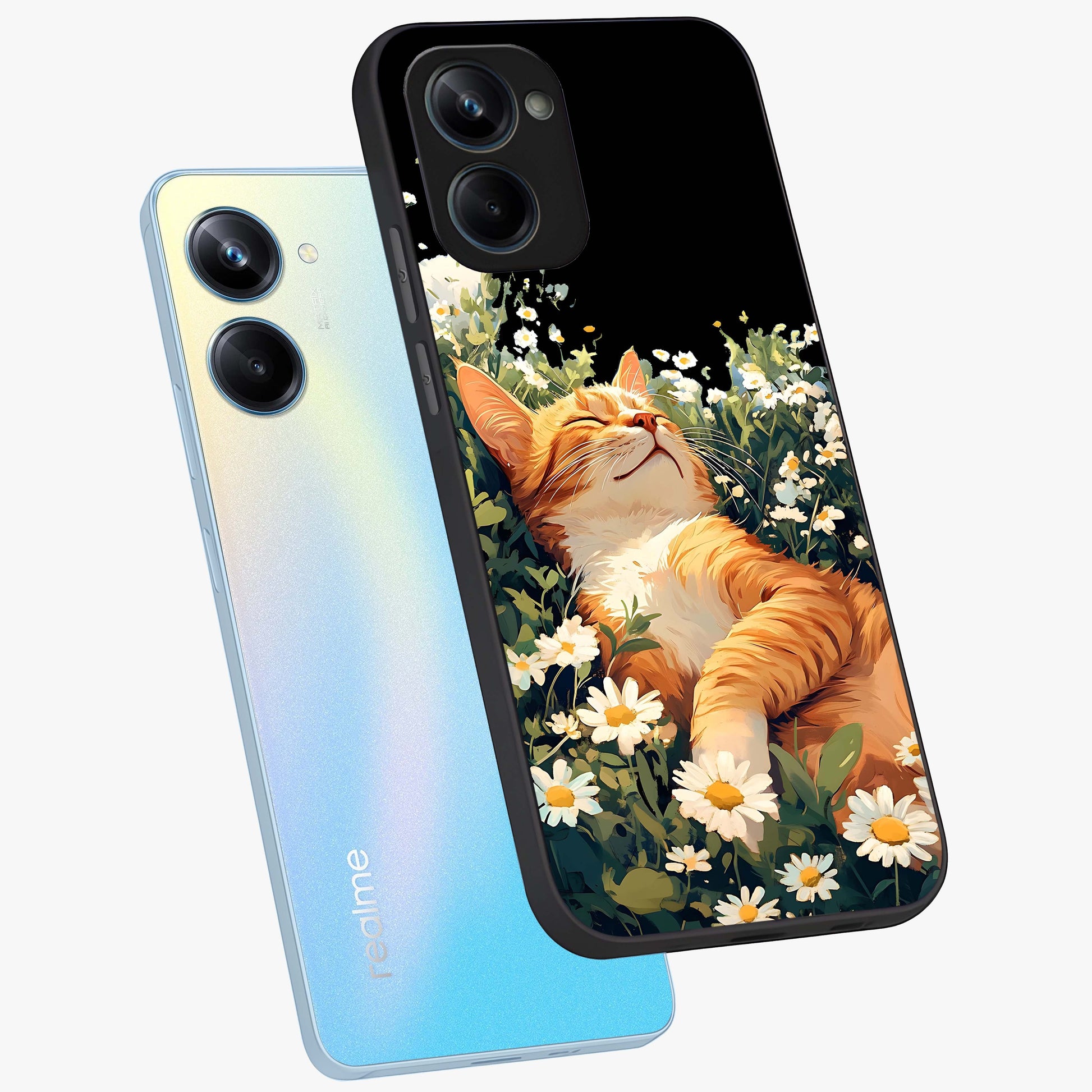 Blissful Bloom Cat Glass Case displayed in angled mockup highlighting playful feline illustration with soft floral aesthetic.