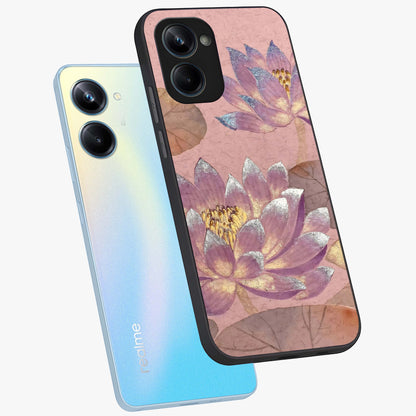 Blossom Mist Lotus Glass Case displayed in angled mockup highlighting delicate lotus illustration with calm aesthetic theme.